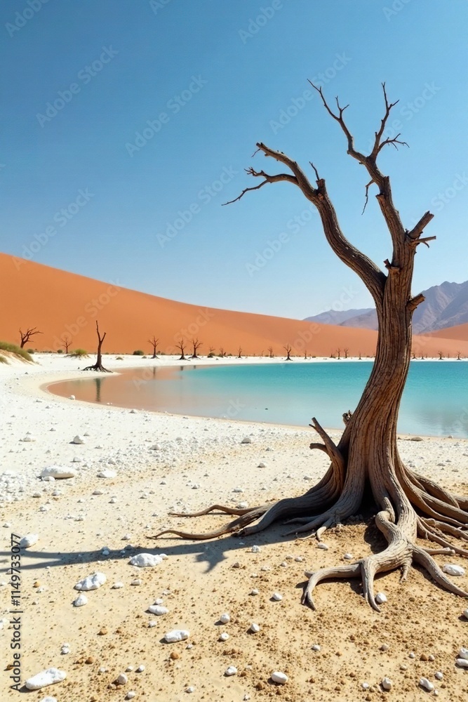 Barren desert landscape with dry lake bed and twisted tree remains, arid environment, desiccation, withered trees Barren desert landscape with dry lake bed and twisted tree remains, arid environment, desiccation, withered trees