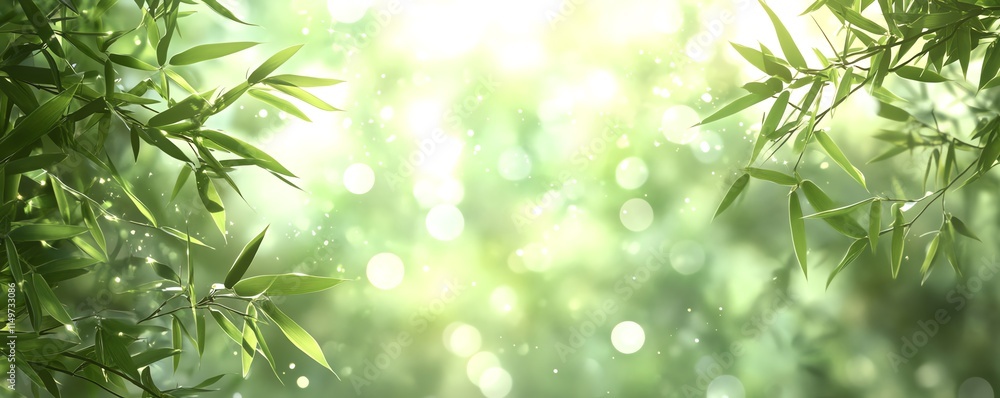 Bamboo leaves gently swaying in the foreground, with a blurred bokeh green background, symbolizing tranquility and wellbeing Bamboo leaves gently swaying in the foreground, with a blurred bokeh green background, symbolizing tranquility and wellbeing
