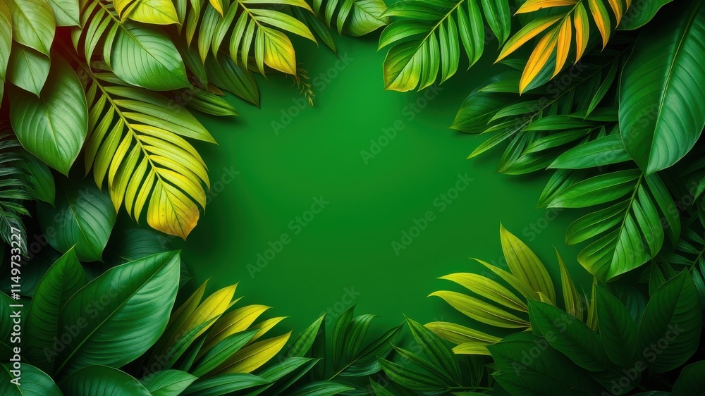 Lush Tropical Foliage Frame with Vibrant Green Background Ideal for Nature-Themed Designs Lush Tropical Foliage Frame with Vibrant Green Background Ideal for Nature-Themed Designs