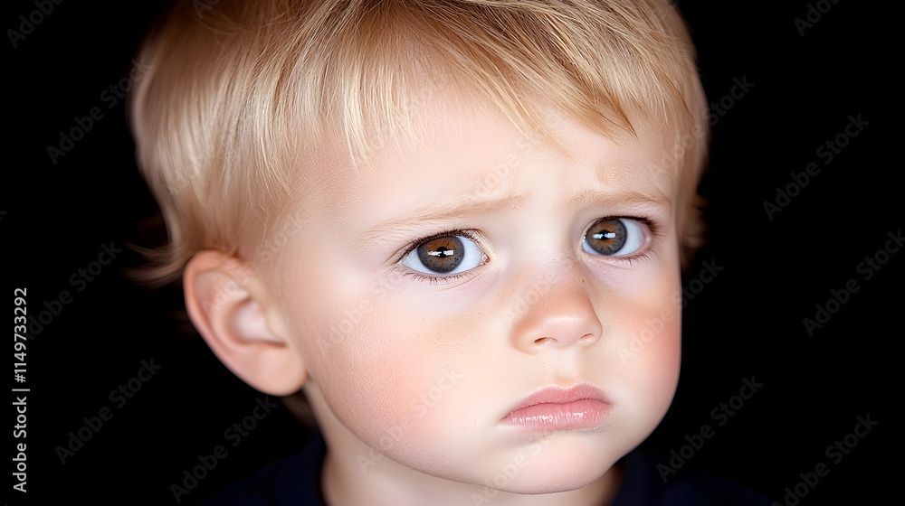 Concerned toddler with expressive eyes against dark background Concerned toddler with expressive eyes against dark background
