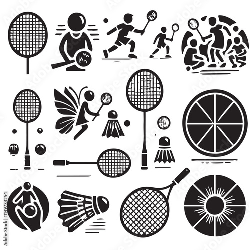 Vector collection of silhouettes of people playing badminton with simple designs