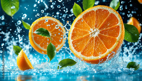 Fresh oranges splashing in water surrounded by green leaves create a vibrant and refreshing atmosphere