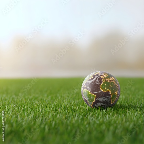 Earth globe resting on lush green grass photo