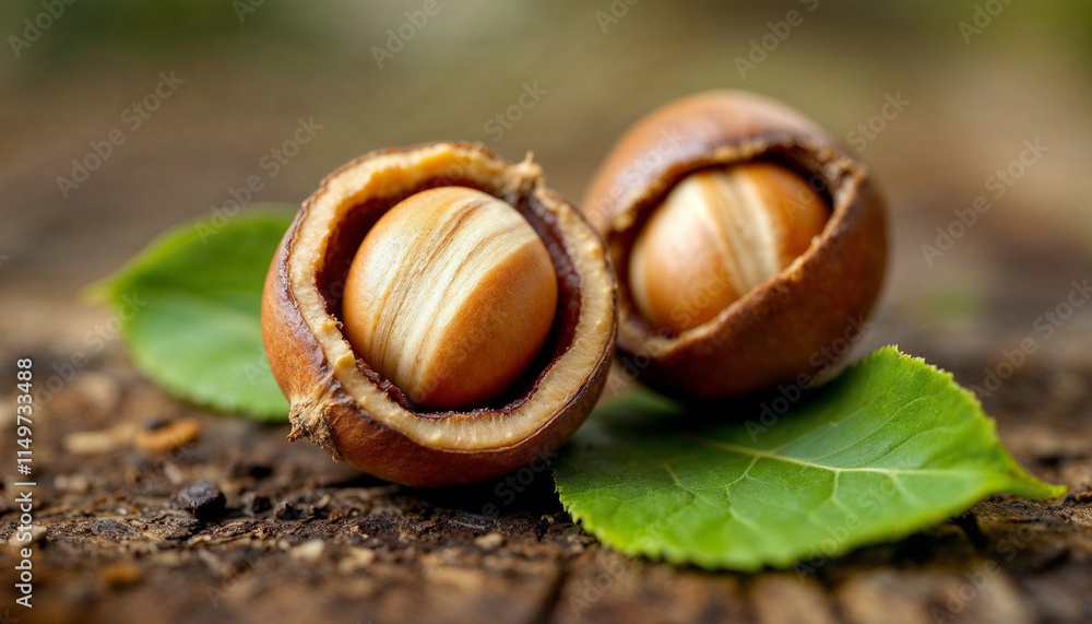 Hazelnuts nestled in their shells on a wooden surface surrounded by green leaves in a natural setting Hazelnuts nestled in their shells on a wooden surface surrounded by green leaves in a natural setting