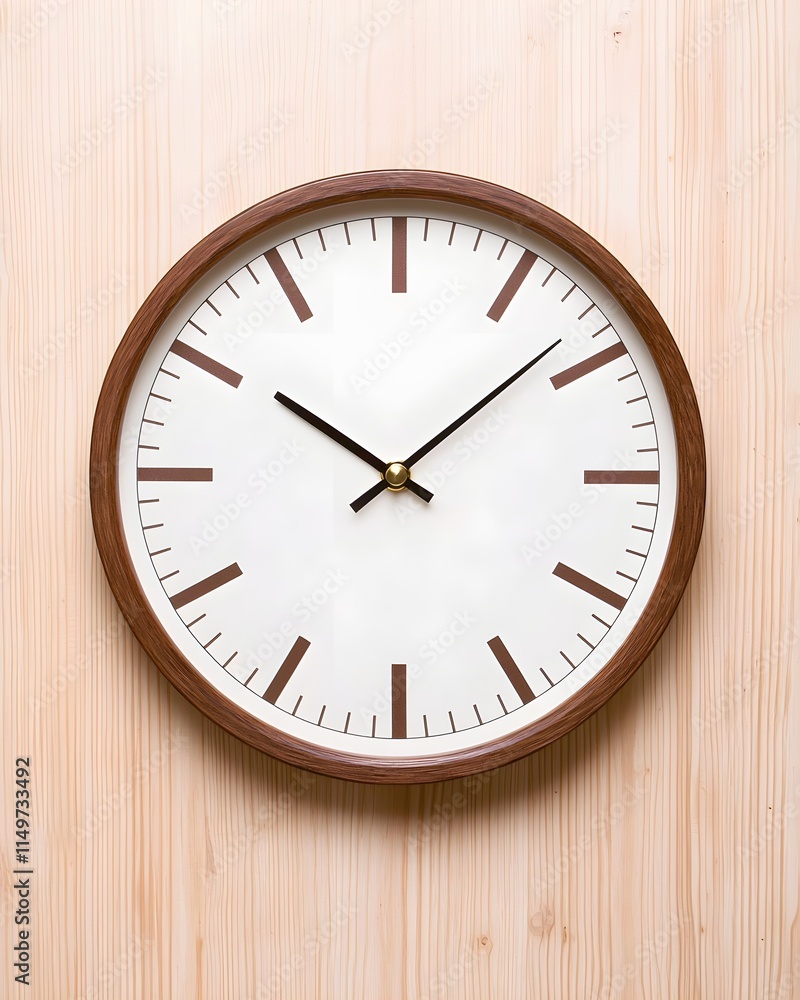 Minimalist wall clock with wood frame on wooden background Minimalist wall clock with wood frame on wooden background