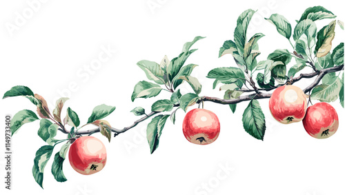 A vintage-style botanical illustration showcasing an apple tree branch with ripe apples, lush green leaves, and delicate pastel tones, ideal for adding a subtle, natural vibe to your home decor.