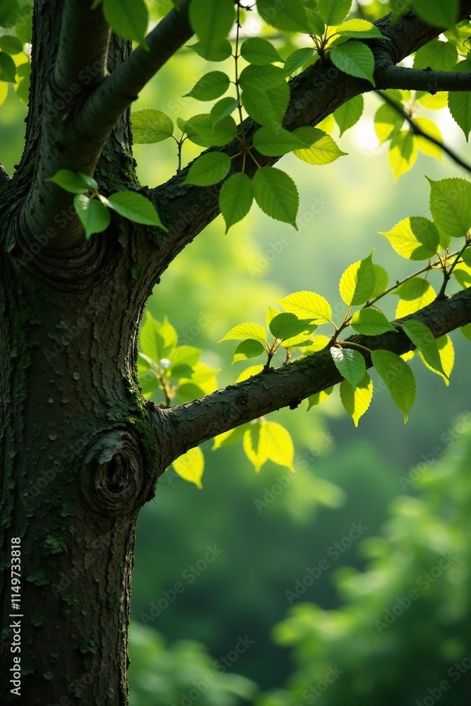 Fototapeta premium Beech leaves rustling on the branch of an ancient tree, ancient, branch
