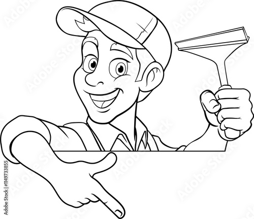 A window cleaner or car wash cartoon mascot man holding a cleaning squeegee peeking around a sign and pointing at it