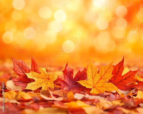 Closeup of fallen autumn leaves on forest ground, with a dreamy bokeh background, showcasing the colors of fall photo