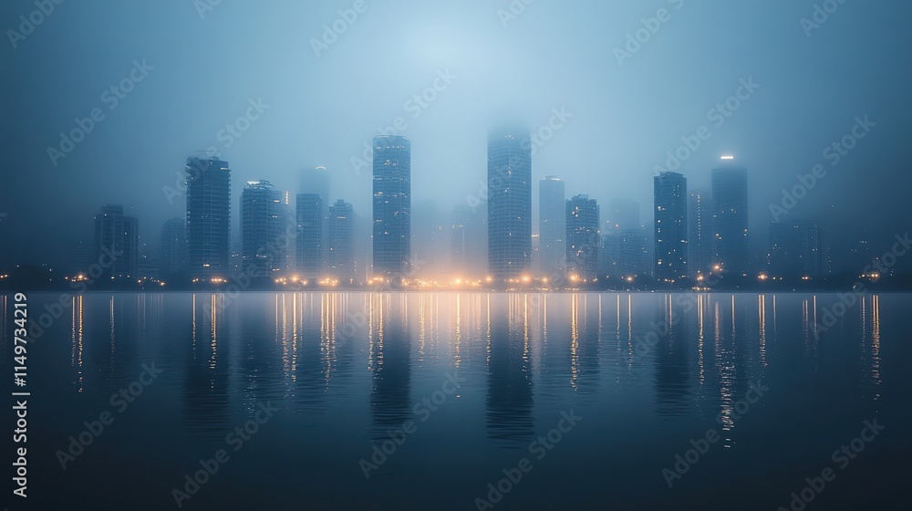 Obraz premium Foggy city skyline reflected in calm water.