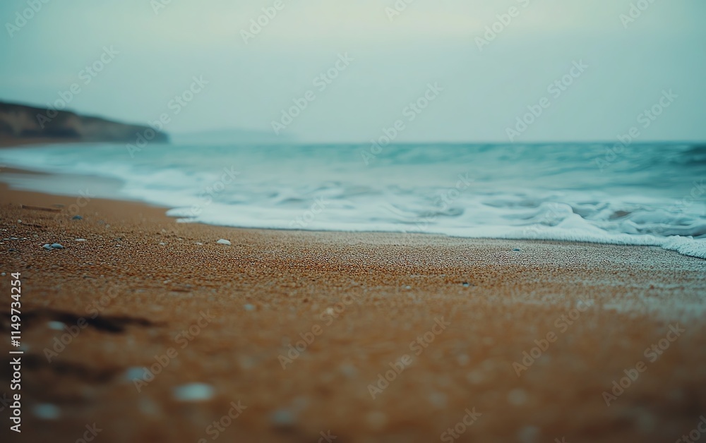 Closeup of sandy beach with a gently blurred ocean background, evoking a sense of calm and relaxation by the sea Closeup of sandy beach with a gently blurred ocean background, evoking a sense of calm and relaxation by the sea