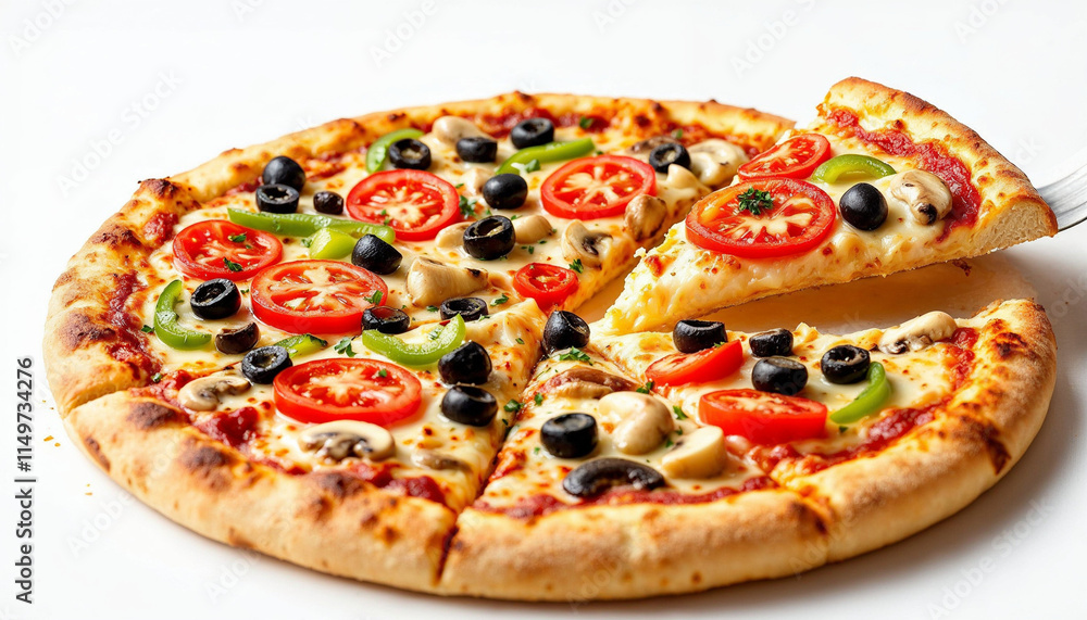 Freshly baked pizza with colorful toppings served on a white background at a casual dining spot Freshly baked pizza with colorful toppings served on a white background at a casual dining spot