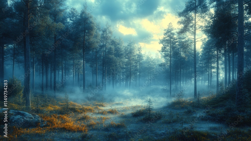 Fototapeta premium Misty forest, tall pines, sunlit fog.