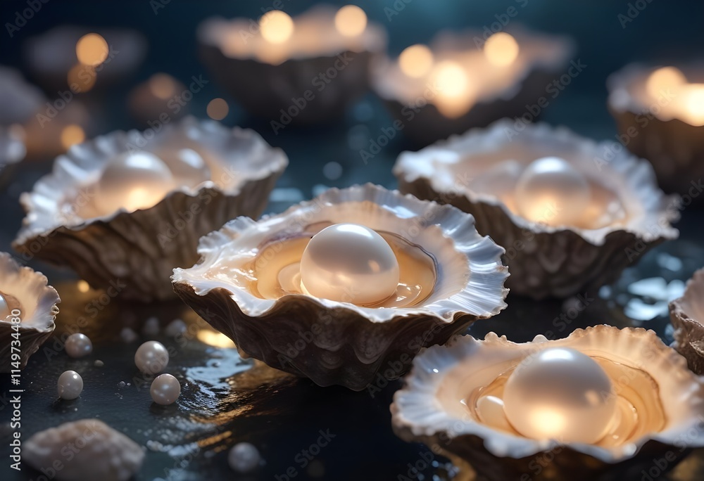 Pearls nestled in open oyster shells, illuminated by soft glowing lights, set against a blurred, watery background Pearls nestled in open oyster shells, illuminated by soft glowing lights, set against a blurred, watery background