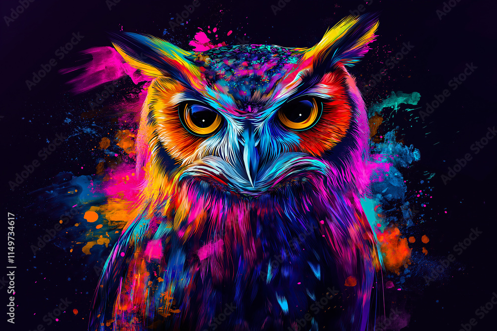 Obraz premium A vibrant watercolor painting of a colorful owl with expressive eyes. The concept of creativity, wisdom, and the beauty of nature interpreted through artistic expression. Generative AI.