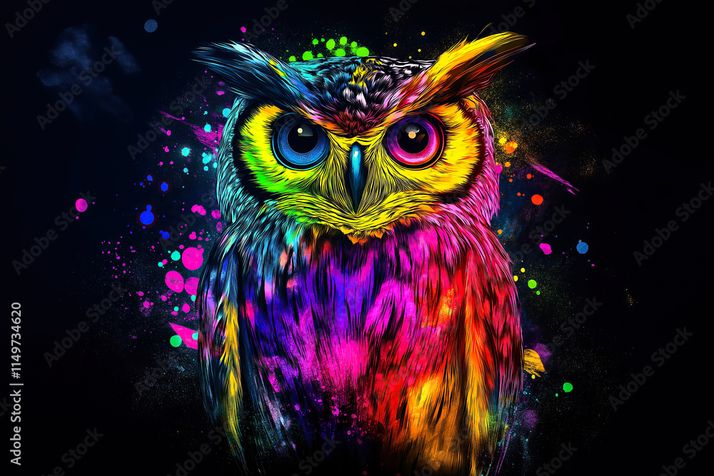 Naklejka premium A vibrant watercolor painting of a colorful owl with expressive eyes. The concept of creativity, wisdom, and the beauty of nature interpreted through artistic expression. Generative AI.