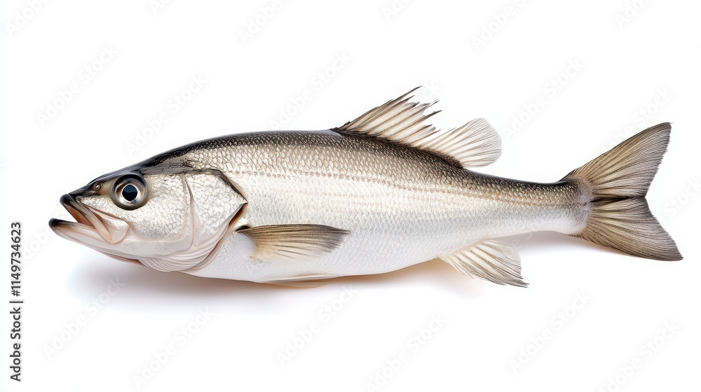 Fototapeta premium Fresh, whole sea bass fish isolated on white background.