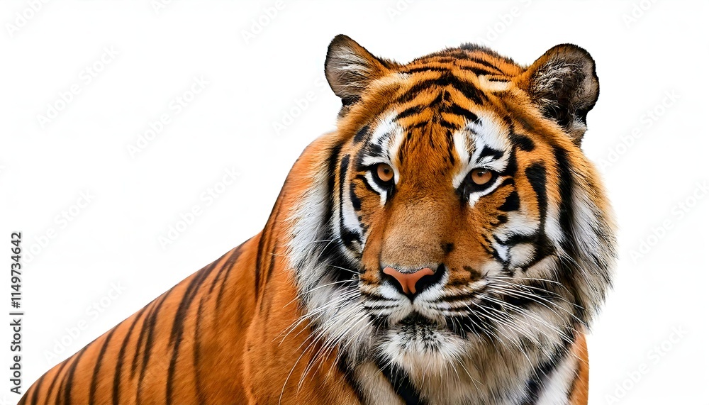 Fototapeta premium A tiger in full growth and isolated on white, showcasing strength and beauty, powerful wild animal in full display