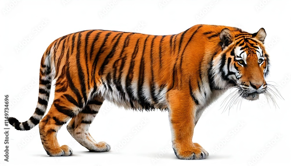 Obraz premium A tiger in full growth and isolated on white, showcasing strength and beauty, powerful wild animal in full display