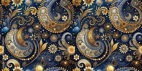 Intricate golden floral and paisley patterns on a deep blue background.