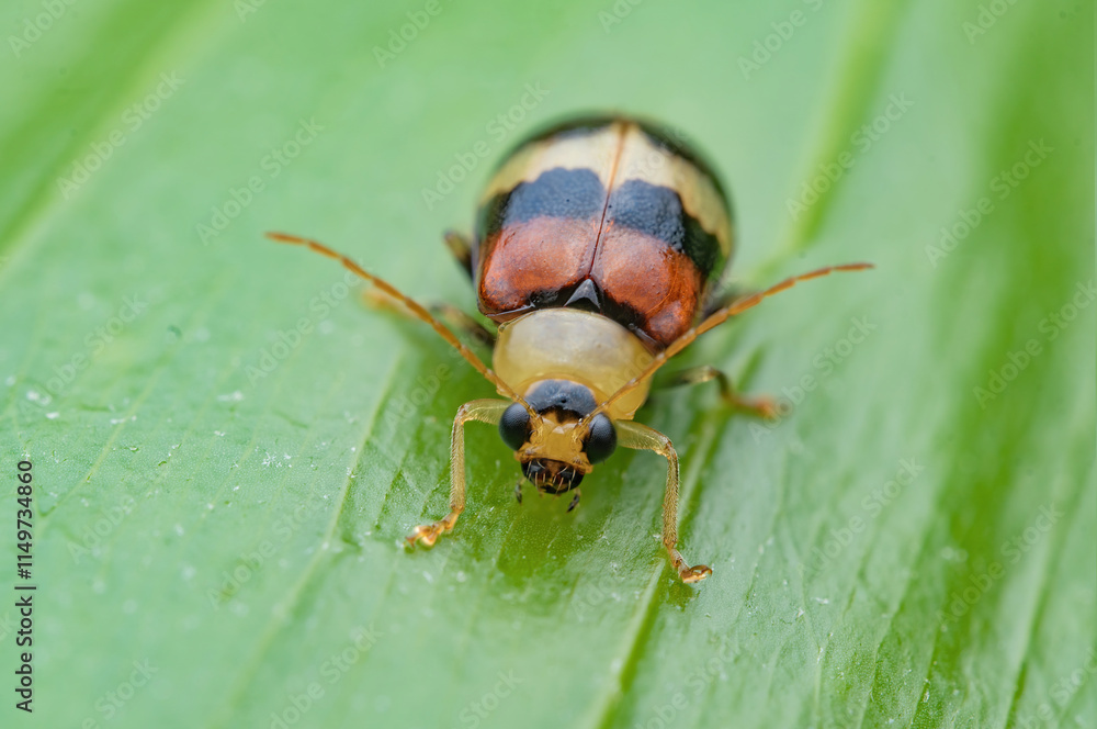 Leaf beetle (Podontia quatuordecimpunctata) resting on branch. Closeup of a small red colorful weevil , Apoderus coryli , on a green leaf Leaf beetle (Podontia quatuordecimpunctata) resting on branch. Closeup of a small red colorful weevil , Apoderus coryli , on a green leaf