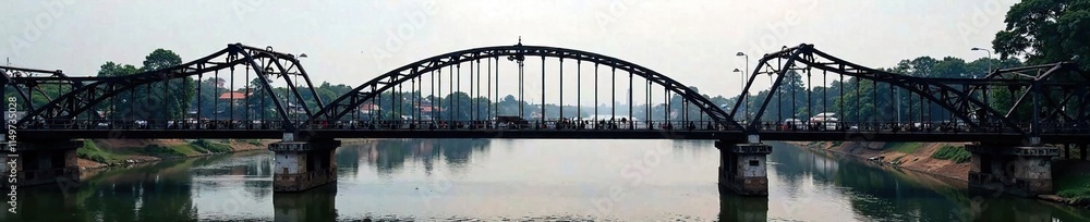 Fototapeta premium Black and white bridge with metal railings over Chao Phraya River, chao phraya river, steel