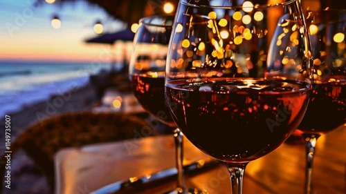 Sunset dining with glasses of red wine on a beachside table.