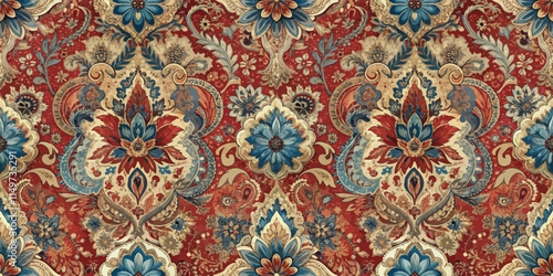 Intricate floral pattern in warm tones with vibrant blue accents.