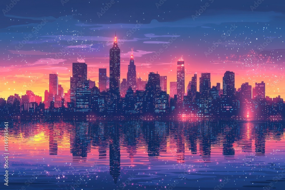 Obraz premium Cartoon city skyline at dusk with vibrant sunset reflections