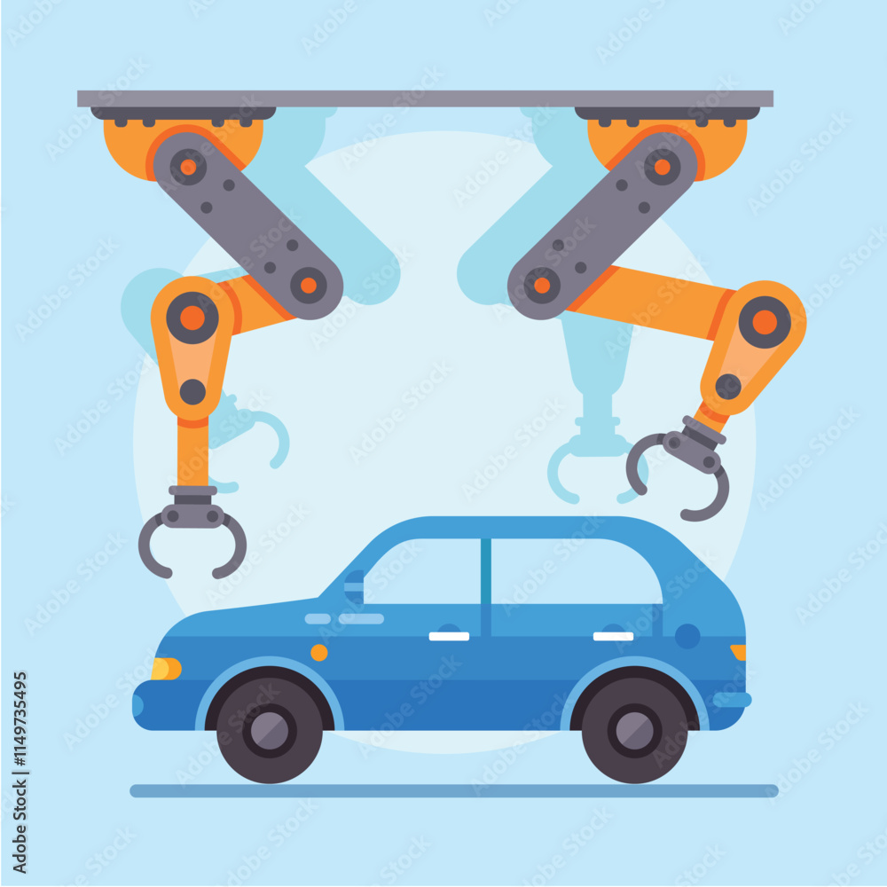 Two robotic arms working meticulously on a blue car within a futuristic factory, highlighting the advancements in automation and efficiency in the automotive manufacturing industry Two robotic arms working meticulously on a blue car within a futuristic factory, highlighting the advancements in automation and efficiency in the automotive manufacturing industry