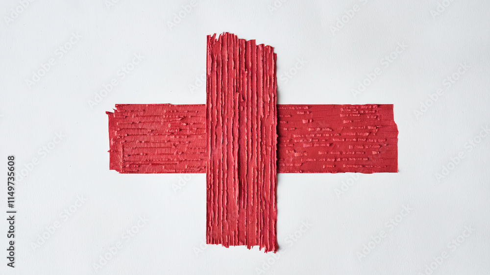 Obraz premium Rectangular Vibrant Red Tape with Textured Surface Resembling Fabric or Wall, Placed Against a White Background, Highlighting Bold Color and Contrast in a Minimalist Composition