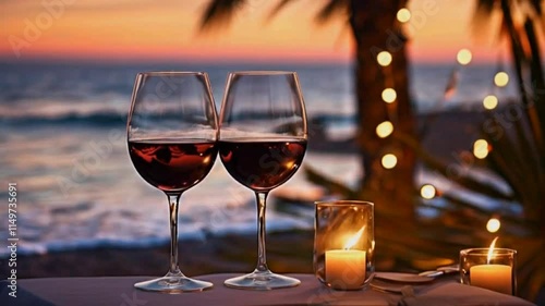 Two wine glasses on a table with a candle, set against a sunset beach backdrop.
