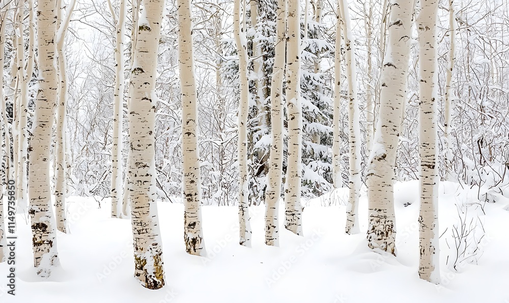 Fototapeta premium A painting of a tranquil birch forest in the snow with textured brushstrokes reminiscent of sunlight using a muted white taupe and gray palette