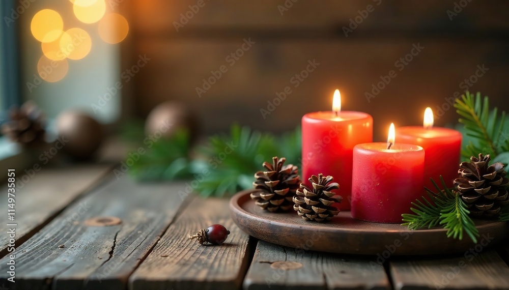 Candles and pinecones on a rustic wooden table, seasonal ambiance, natural elements Candles and pinecones on a rustic wooden table, seasonal ambiance, natural elements