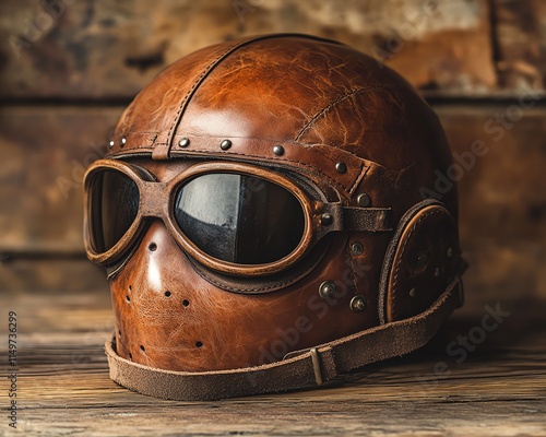 Authentic leather aviator helmet and goggles on a wooden surface, capturing the spirit of adventure and history, retro vibes, highly detailed and lifelike photo