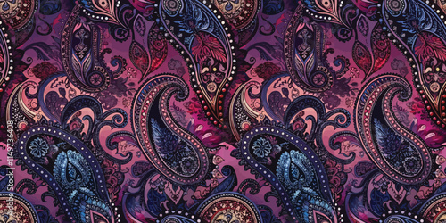 Intricate paisley pattern with vibrant colors on a dark background.