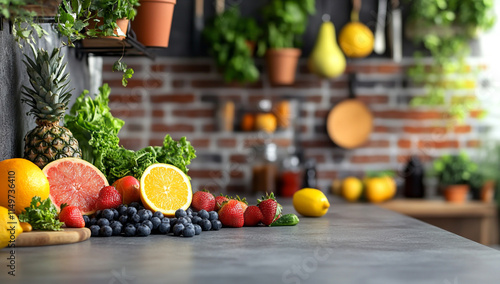 Fototapeta Naklejka Na Ścianę i Meble -  The gray stone countertop in the kitchen is decorated with fresh fruits and vegetables