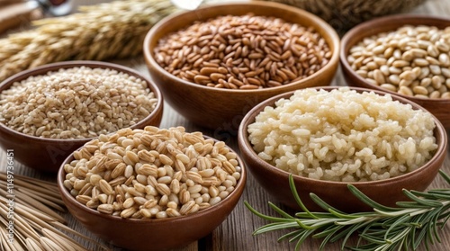 A variety of whole grains including brown rice, quinoa, oats, and barley arranged in bowls, symbolizing a nutritious diet for a healthy lifestyle.