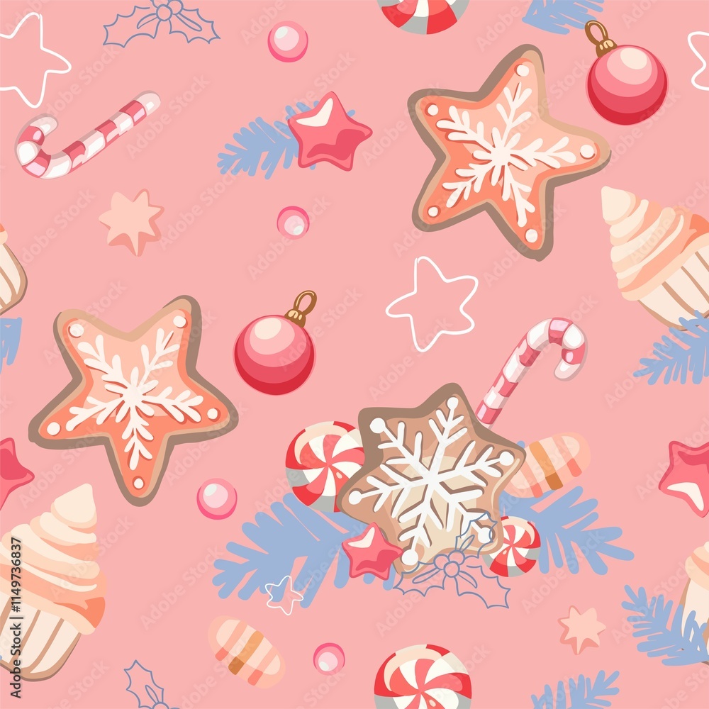 Merry Christmas! Happy New Year - a seamless pattern on a festive, winter theme from cute illustrations, elements in a flat style. Digital illustration Merry Christmas! Happy New Year - a seamless pattern on a festive, winter theme from cute illustrations, elements in a flat style. Digital illustration