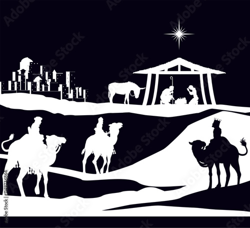 A Christmas nativity scene with baby Jesus in the manger, wise men and city of Bethlehem in the background