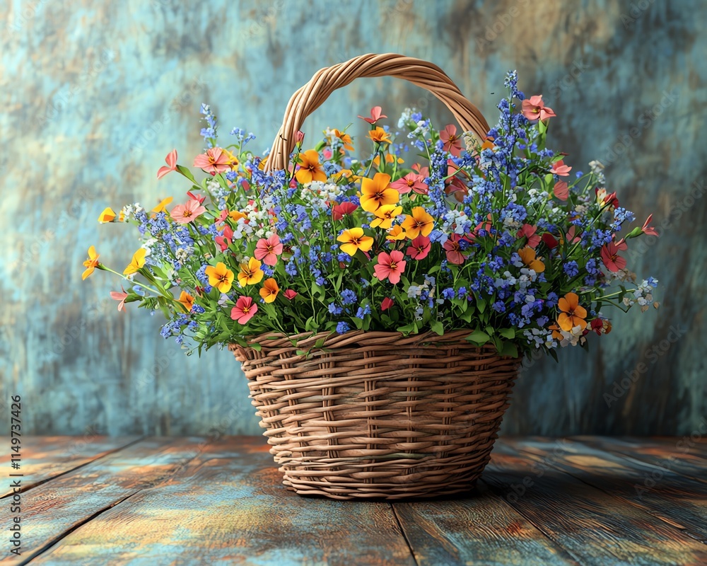 Colorful wildflower basket centerpiece, rustic wooden surface, textured background, charming natural decor accent, highly detailed and photorealistic rendering Colorful wildflower basket centerpiece, rustic wooden surface, textured background, charming natural decor accent, highly detailed and photorealistic rendering