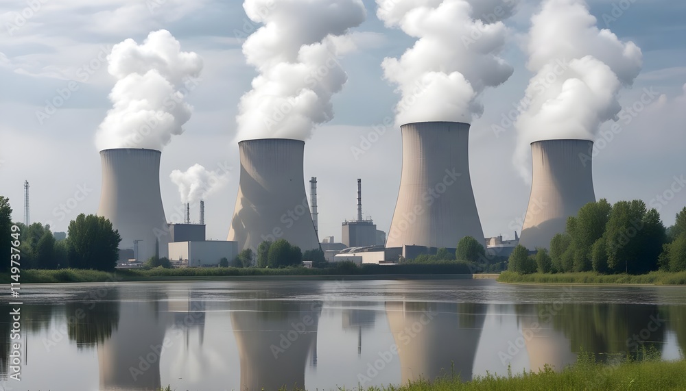 Nuclear power plant with cooling towers emitting steam against a cloudy sky
