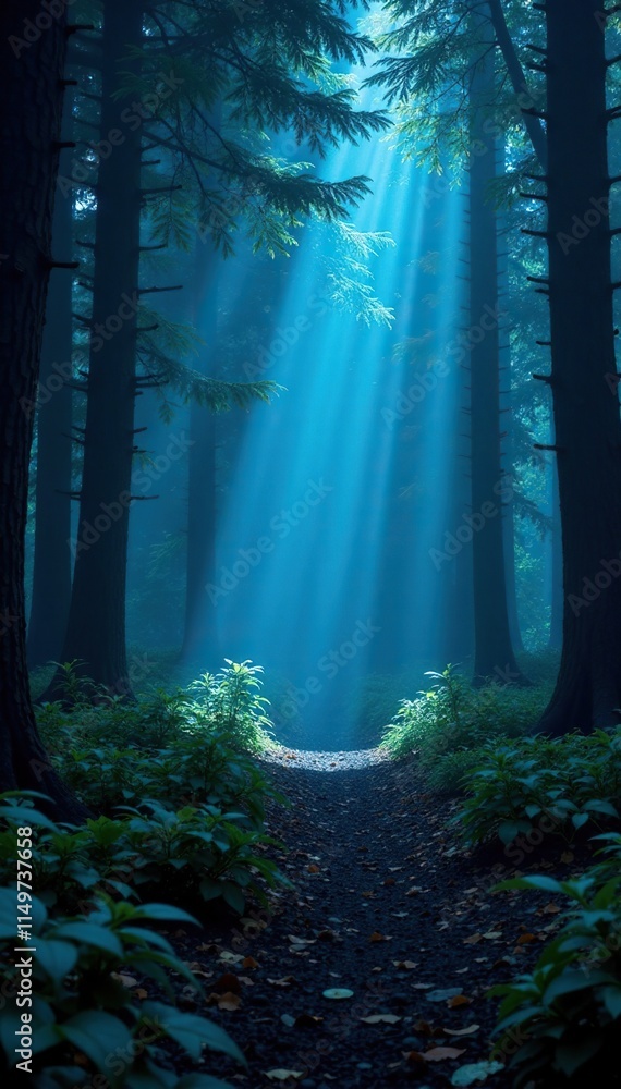 Fototapeta premium A beam of bright blue light illuminates the dark forest floor, undergrowth,, blue flash light effect