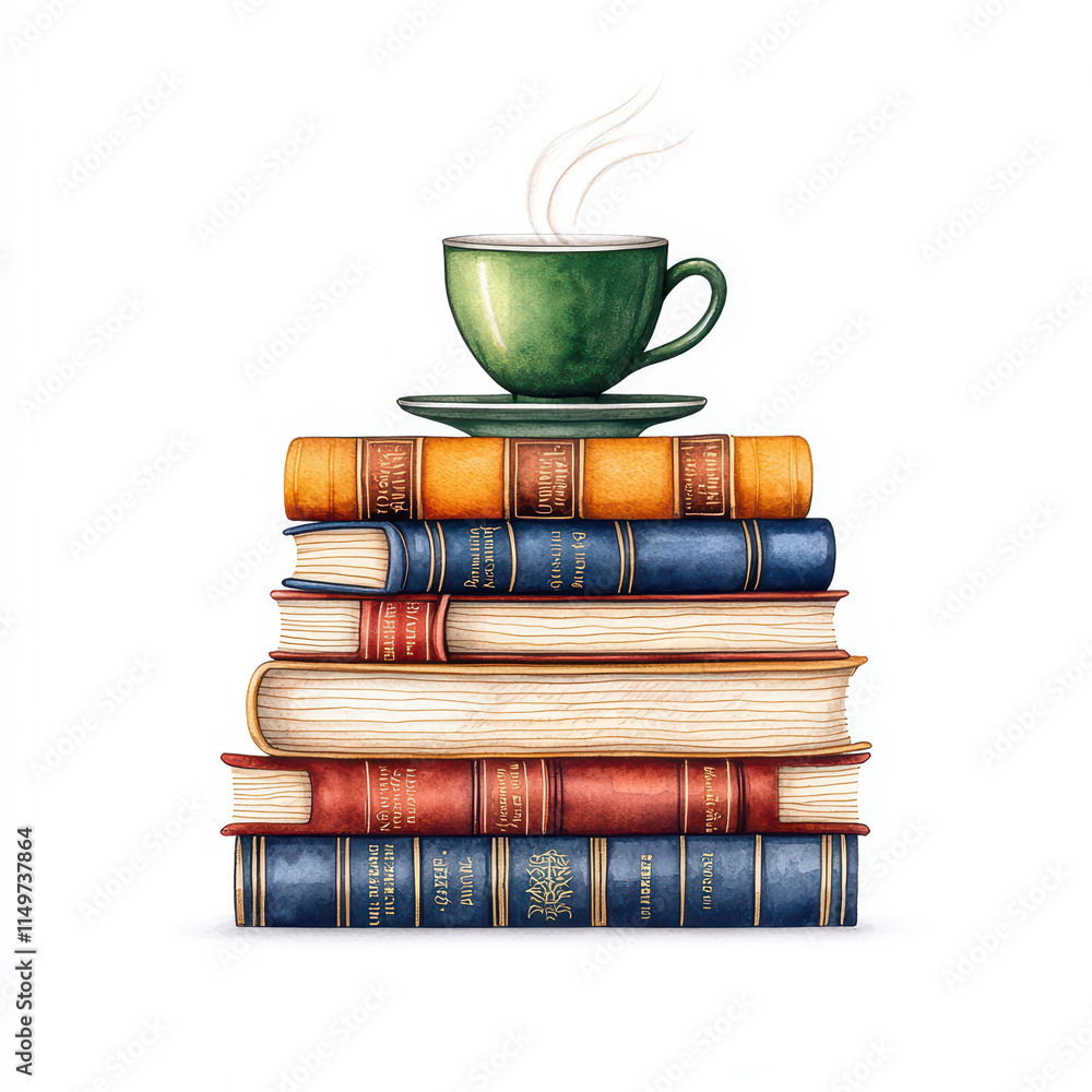 Naklejka premium stack of colorful books with steaming cup on top, perfect for cozy reading