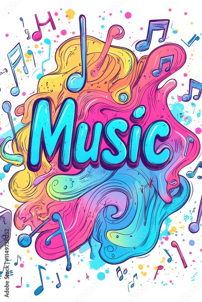 Fototapeta premium Vibrant and colorful cartoon music poster with musical notes