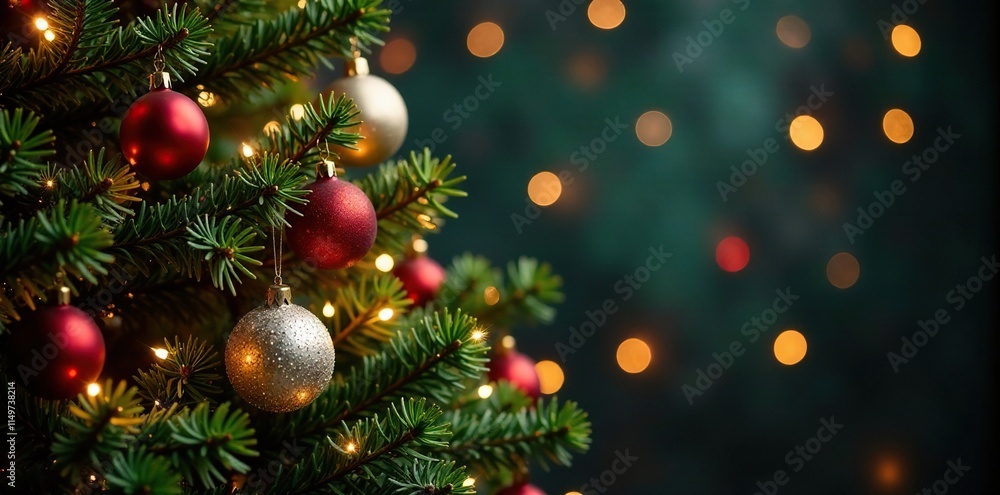 A beautifully decorated evergreen tree adorned with sparkling ornaments and lights, evergreen tree, garland, holly A beautifully decorated evergreen tree adorned with sparkling ornaments and lights, evergreen tree, garland, holly