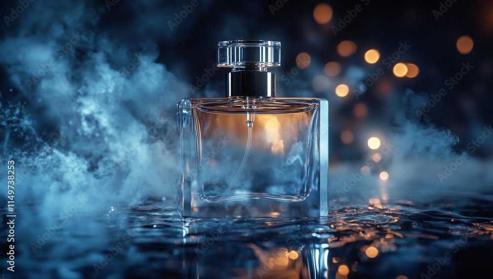 The perfume bottle stands on the surface of the water, surrounded by smoke and a dark background The perfume bottle stands on the surface of the water, surrounded by smoke and a dark background