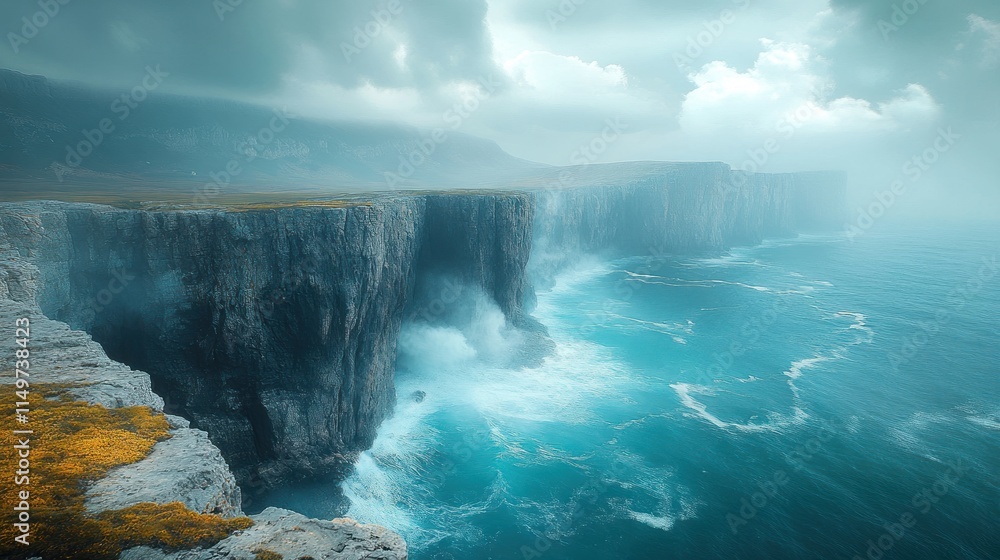 Fototapeta premium Dramatic cliffs, ocean waves crashing, misty sky.