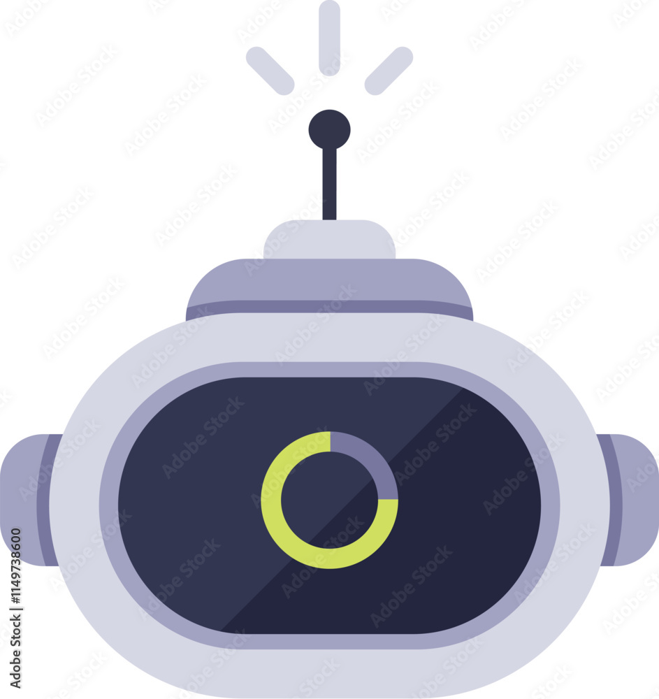 Robot is showing loading status on its screen displaying a progress bar with an antenna transmitting data, representing artificial intelligence and technological advancement