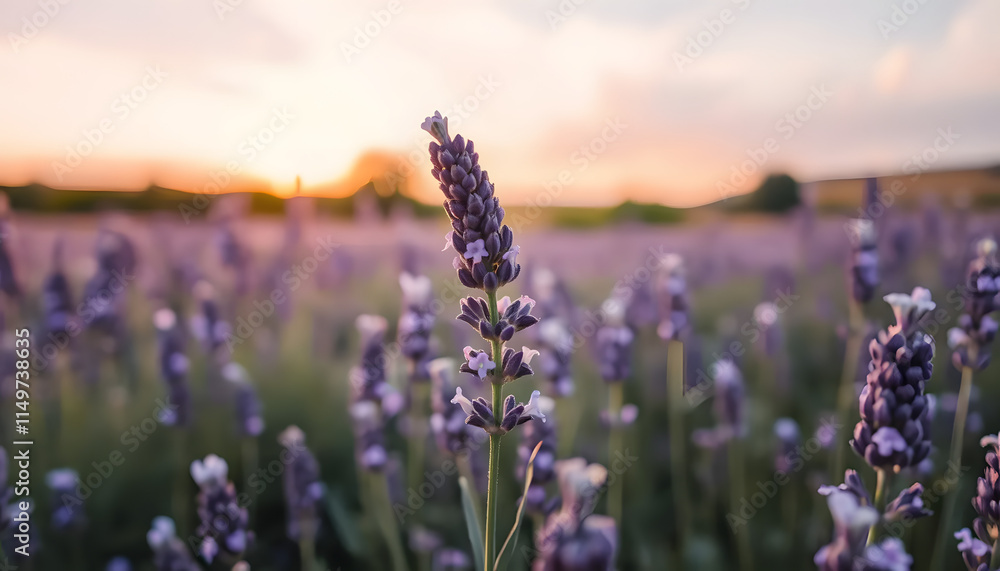 Obraz premium Breathtaking lavender flower field at sunset with golden hues